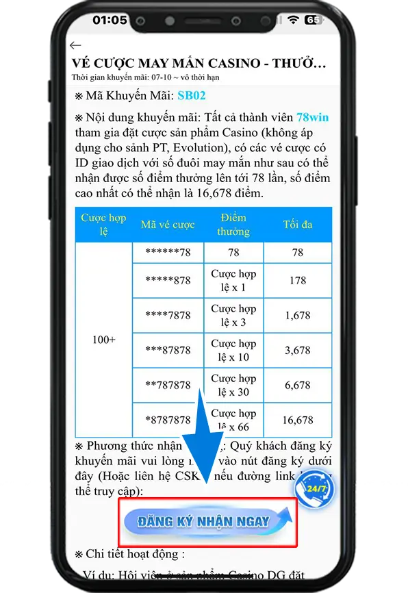 Bước 3 : Bấm vào Đăng Ký Nhận Ngay